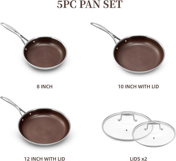 5Pc Hybrid Nonstick Frying Pans Set with Lids, 8, 10 & 12" Pans | Ceramic Nonstick,Stay-Cool Handle, Dishwasher Oven Safe, for All Stovetops Induction for Home Daily Cooking (Burgundy)2