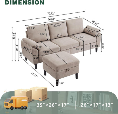 80" Convertible Sectional Sofa, Small L Shaped 3 Seat Couch with Reversible Storage Chaise, Modern Polyester Fabric Sofa Couches for Living Room, Apartment and Small Space, Beige2