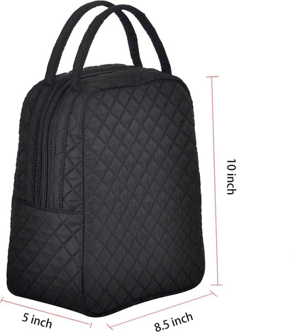 Large Quilted Fabric Cotton Reusable Inusulated Lunch Tote Bag Cooler Snack Bag Women Pretty Thermal Lunch Box Storage Gift Bag for Work & Outdoor (Black)4