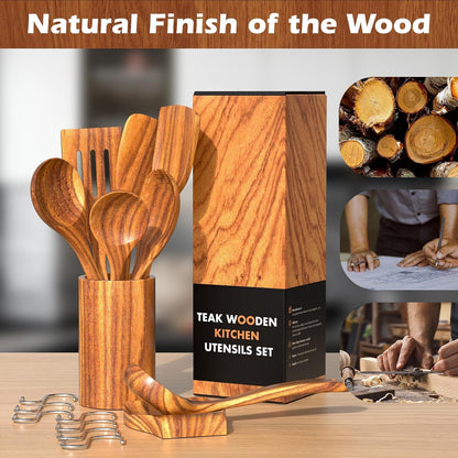 Wooden Spoons for Cooking, 10 Pcs Teak Wood Utensil Set for Nonstick8