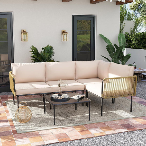 Patio Furniture Set, 5 Piece Outdoor Patio L-Shaped Conversation Set with Cushions and Table, All-Weather Rattan Woven Sectional Sofa for Backyard, Porch, Boho Detachable Lounger (Beige)7