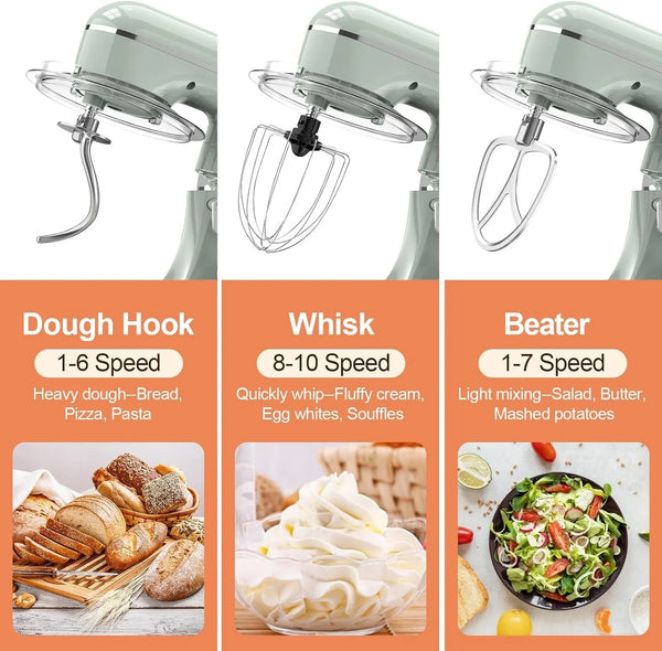 3-IN-1 Electric Stand Mixer, 6.5QT Bowl 660W 10-Speed Kitchen Mixer, Household Food Mixers Include Dough Hook, Beater and Whisk, Bread Cake Mixer for Baking and Most Home Cooks, Green3