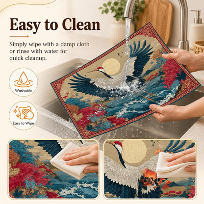 Place Mats Set of 6, Japanese Crane Ocean Wave Linen Table Mats 12 X 18 Inch, Washable Waterproof Stain Resistant Heat Resistant Placemats for Dining Table, Kitchen Dining Room Decor4