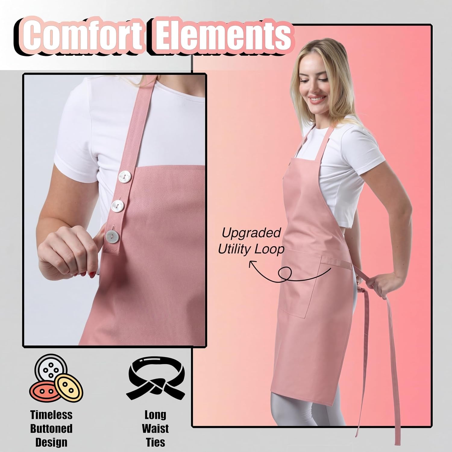 kitchen-apron-for-women-men-waterdrop-resistant-adjustable-button-premium-cotton-cooking-apron-with-2-pockets-gift-15-color-option-powder-pink