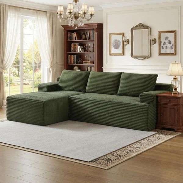 96" Boneless Sectional Cloud Couches with Left Facing Chaise Lounge for Living Room - Fluffy L Shaped Memory Foam Compressed Modular Sofa with Deep Seat, Green Corduroy Corner Couch6
