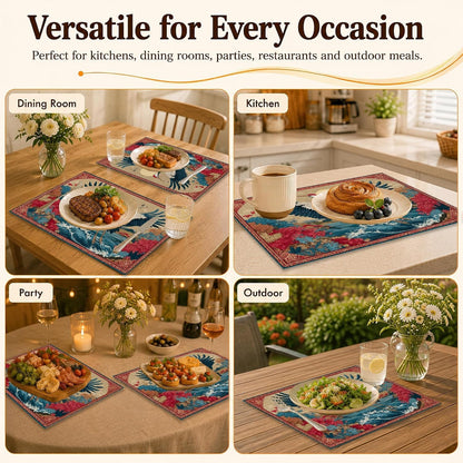 Place Mats Set of 6, Japanese Crane Ocean Wave Linen Table Mats 12 X 18 Inch, Washable Waterproof Stain Resistant Heat Resistant Placemats for Dining Table, Kitchen Dining Room Decor7