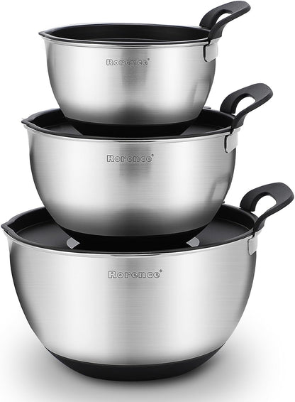 Stainless Steel Mixing Bowls: Stackable Mixing Bowl Set with Lids and Handles Non-Slip Silicone Bottom Nesting Bowls for Kitchen Set of 3 - Black1