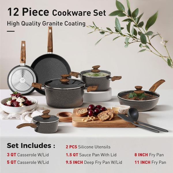 Non Stick Pots and Pans Set, 12 Piece Kitchen Cookware Sets | Granite Pans Set for Cooking, Compatible with Induction, Gas & Electric Stoves, PFOA & PFOS Free, Even Heating, Easy to Clean2