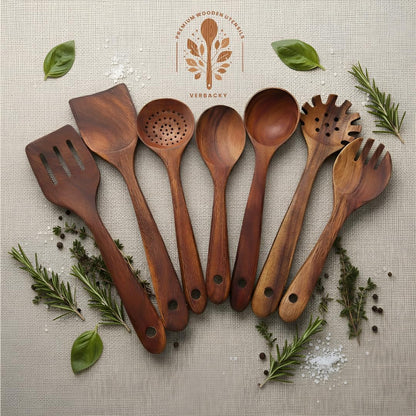 Wooden Utensil Set 9 PCS Hand-Crafted, Heat-Resistant, Non-Scratch & Easy-To-Clean Natural Teak Wooden Kitchen Tools with Spatula, Slotted Spatula, Spoons, Ladle, Pasta Server, Salad Fork, Holder Set4