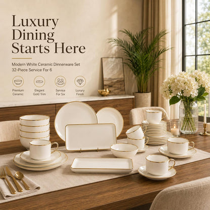 32-Piece Ceramic Dinnerware Set for 6, White Tableware Set with Gold Trim, Dinner Plates, Salad Plates, Bowls, Mugs & Rectangular Serving Platters for Everyday Dining, Home & Housewarming Gift2