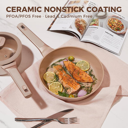 Pots and Pans Set Nonstick, 26 Pcs All-In-One Kitchen Starter Set with Cookware, Bakeware & Silicone Utensils, Non Toxic Ceramic Coating, Induction & Oven Safe, PFOA PFOS Free, Gold3