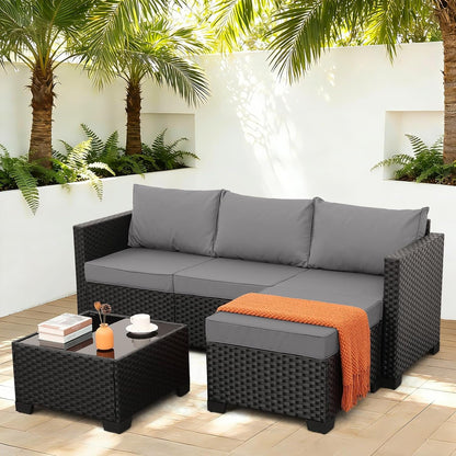 Wicker Patio Furniture Patio Couch 3 Pieces Outdoor Sectional with Ottoman and Outdoor Glass Table Weathering Anti-Slip Cushions Furniture Covers, Light Grey1