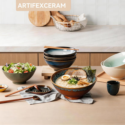 8 Inch Ceramic Ramen Bowl Set of 2, 40Oz Japanese Bowls with Spoons & Chopsticks,Durable,Microwave & Dishwasher Safe,Perfect for Ramen,Pho,Salad,Soup,Noodles，Mixing Bowls（Verdigris Green）7