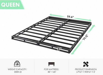 3 Inch Low Profile Box Spring Queen Size | Sturdy Metal Frame Mattress Foundation, Easy Assembly, Quiet & Noise-Free3