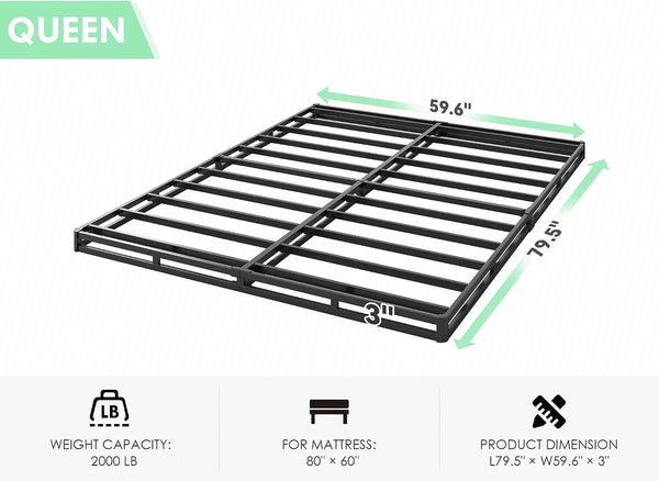3 Inch Low Profile Box Spring Queen Size | Sturdy Metal Frame Mattress Foundation, Easy Assembly, Quiet & Noise-Free3