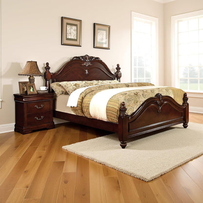 Traditional Style Eastern King Wooden Bed with Floral Carvings, Brown2