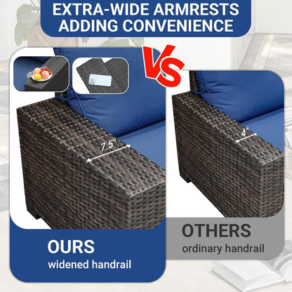 5-Piece Patio Furniture Set, All-Weather Outdoor Wicker Sectional Sofa with Cushions, Tempered Glass Table & Ottoman,Rattan Conversation Seating for Porch, Garden, Backyard,Navy2