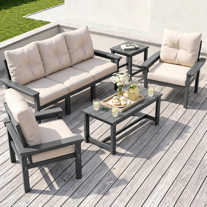 HDPE Outdoor Patio Furniture Set, Grey Frame & Beige Cushions1