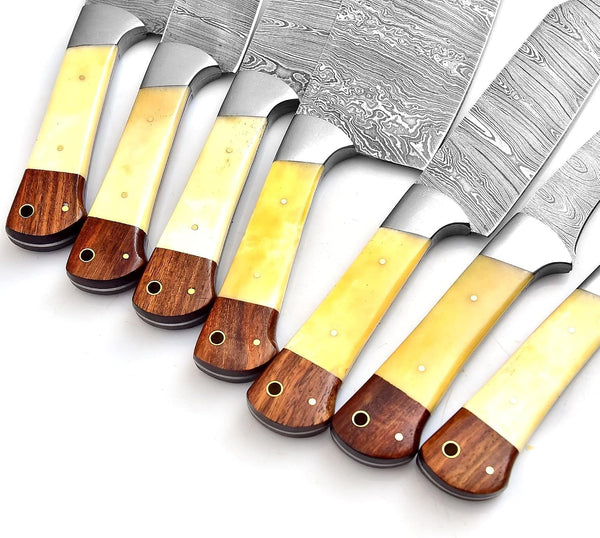 Professional Handmade Damascus Kitchen Chef Knife Set with Bone Handle and Damascus Steel Blade, Kitchen Knife Set with Leather Roll Bag (1064)3