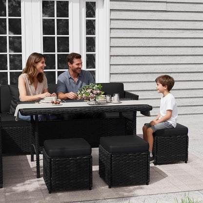 7 Piece Patio Furniture Set, Outdoor PE Wicker Rattan Outdoor Dining Set, Patio Table and Chairs Set, Patio Conversation Sofa Set with Dining Table and Ottoman(Black-Black)8