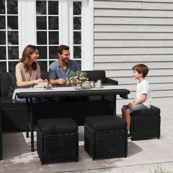 7 Piece Patio Furniture Set, Outdoor PE Wicker Rattan Outdoor Dining Set, Patio Table and Chairs Set, Patio Conversation Sofa Set with Dining Table and Ottoman(Black-Black)8