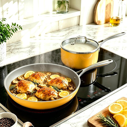 Yellow 10 Piece Ceramic Cookware Set | Pots Pans for Family Meals | Include Saucepan, Saute Pan, Stockpot, Frying Pans, Oven Safe to 480°F, Dishwasher Safe, Non-Toxic PFAS Free, Induction Bases2