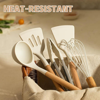 Kitchen Cooking Utensils Set, 33 Pcs Non-Stick Silicone Cooking Kitchen Utensils Spatula Set with Holder, Wooden Handle Silicone Kitchen Gadgets Utensil Set (Cream White)5