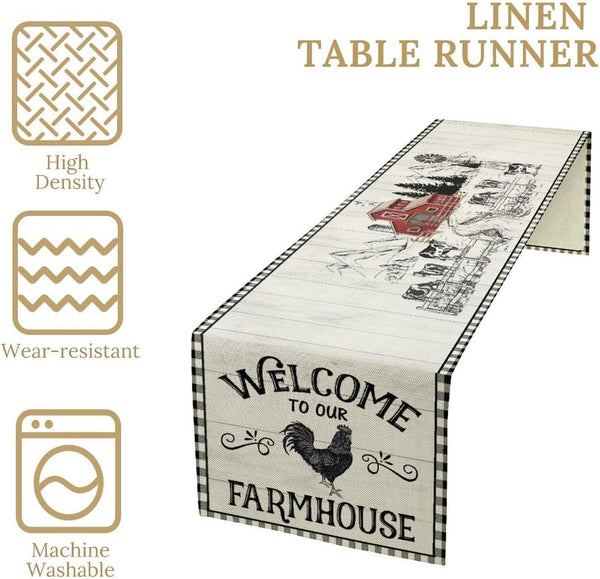 Vintage Farm Table Runner, Farmhouse Animal Barn Checked Pattern Print Table Runner for Kitchen Dinning Table Decor Home Party Holiday, 13X36 Inch3