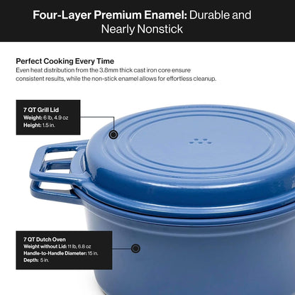 7 QT Enameled Cast Iron Dutch Oven - Chip-Resistant Enamel Coating - Thick Iron Core for Heat Retention - Large Cooking Surface - Oven Safe, Induction Compatible - Grill and Silicone Lid, Blue4