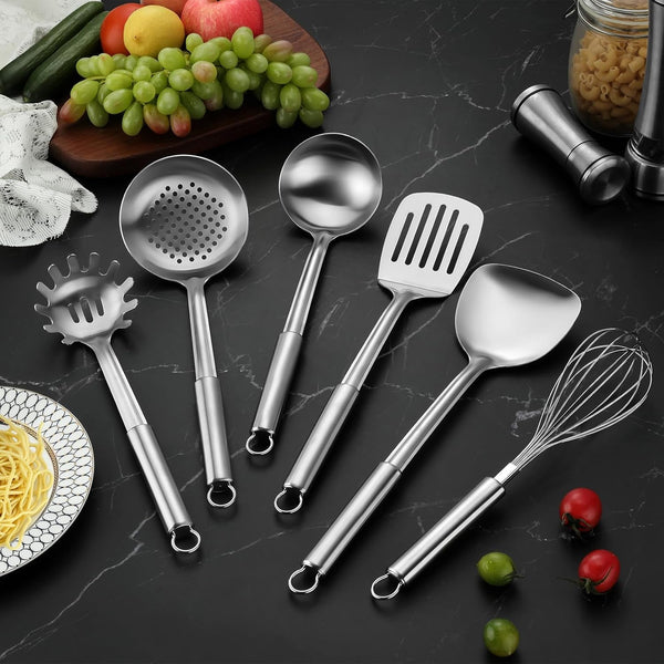 6-Piece Kitchen Cooking Utensils Set, Stainless Steel Kitchen Utensils with Suspendable Handle, Spatula, Slotted Turner, Soup Ladle, Slotted Spoon, Whisk, Pasta Server, Dishwasher Safe5