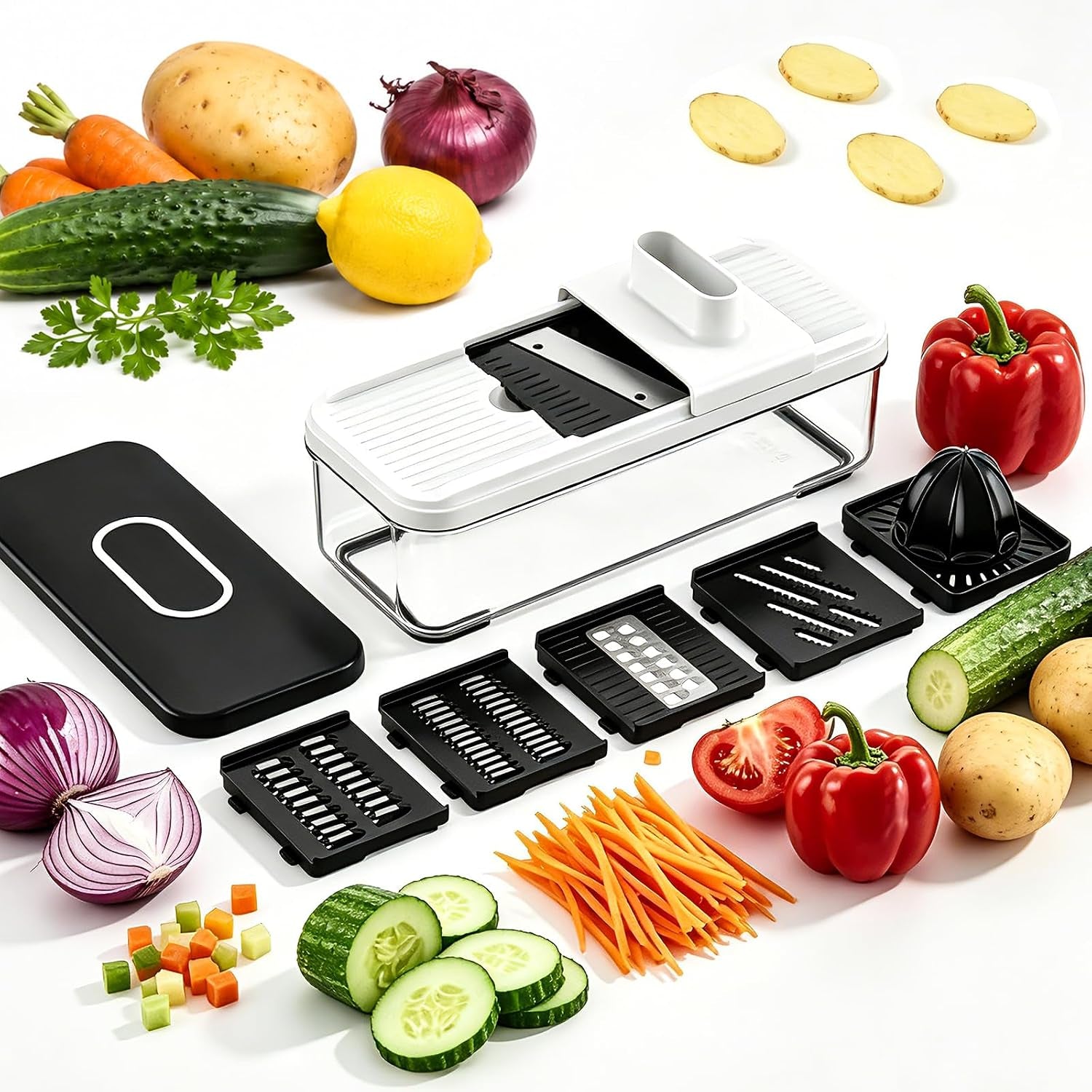 7-in-1-mandoline-vegetable-slicer-multi-purpose-food-chopper-grater-with-5-interchangeable-blades-adjustable-julienne-cutter-with-container-safety-guard-kitchen-gadget-for-meal-prep