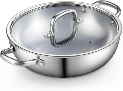 Tri-Ply Clad 12-Inch Stainless Steel Wok Pan with Lid, Flat Bottom Wok Stir Fry Pan, Dishwasher and Oven-Safe, Compatible with All Cooktops1