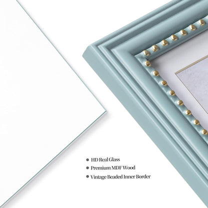8X10 Blue Picture Frame, Engineered Wood with Real Glass, Gold Beaded Border, Matted to 5X7, Vertical and Horizontal for Tabletop or Wall Hanging4
