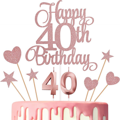 40Th Birthday Cake Decorations, 40Th Birthday Candles Cake Numeral Candles and Glitter Happy 40Th Birthday Cake Toppers Set for Birthday Party Supplies (Rose Gold)1