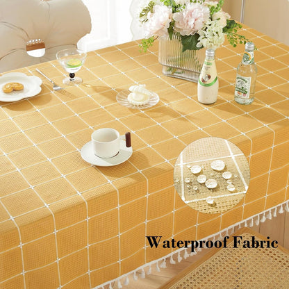 Rustic Plaid Cotton Linen Tablecloth Checkered Waterproof with Tassel Table Cover Decoration for Kitchen Dining Christmas Party 55" X 70", Rectangle, Yellow, 4-6 Seats5
