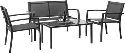 Outdoor Furniture Set 4 Piece Patio Conversation Sets Porch Furniture with Lawn Chairs & Glass Coffee Table for Garden Poolside (Black)1