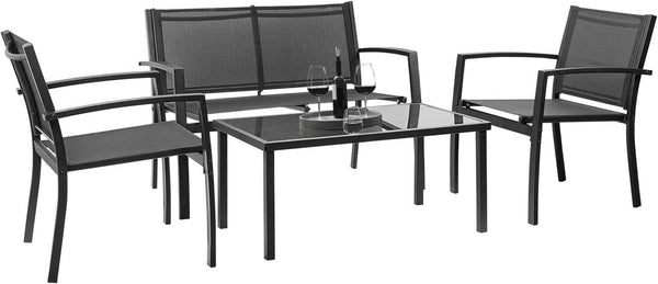 Outdoor Furniture Set 4 Piece Patio Conversation Sets Porch Furniture with Lawn Chairs & Glass Coffee Table for Garden Poolside (Black)1