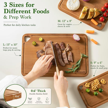 Bamboo Cutting Board 3-Piece Wooden Cutting Board for Kitchen | Deep-Carbonized Bamboo Set with Deep-Carbonized Finish & Non-Slip Edges, Sized for Meat/Veggie/Fruit Prep with Hanging Hole2