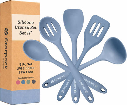 Starpack Stir and Serve Silicone Cooking Utensils Set (5-Piece, 11") - LFGB Non Toxic, 600°F Heat Resistant, Bpa-Free - One-Piece Seamless, Dishwasher Safe - for Nonstick Cookware, Light Blue1