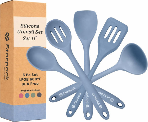 Starpack Stir and Serve Silicone Cooking Utensils Set (5-Piece, 11") - LFGB Non Toxic, 600°F Heat Resistant, Bpa-Free - One-Piece Seamless, Dishwasher Safe - for Nonstick Cookware, Light Blue1