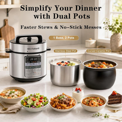 6QT 12-In-1 Electric Pressure Cooker with Dual Inner Pots | Pfas-Free Ceramic Coating | 24H Delay Timer | Dishwasher-Safe Accessories | Family Meal Prep| Easy Cleanup2