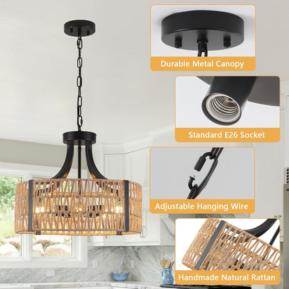 Farmhouse Chandeliers for Dining Room, 5-Light 17.7”Rattan Light Fixture with Wicker Lampshade Hand Woven Boho Chandelier for Kitchen Island, Living Room, Bedroom(E26 Bulbs Not Included)3