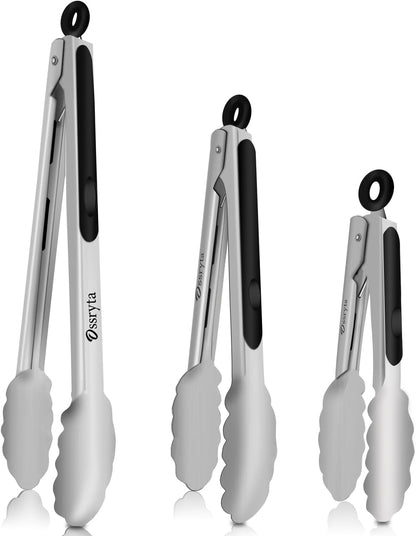Stainless Steel Cooking Tongs Set of 3 - Heavy Duty 12/9/7 Inch Locking Tongs, Heat Resistant to 600 Degrees, Food Grade Kitchen Metal Tong for Food, Salad, & BBQ - Dishwasher Safe1