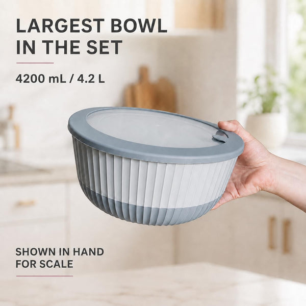 Plastic Mixing Bowls with Lids, 8-Piece Airtight Leak-Proof Nesting Bpa-Free Prep Bowl Set for Kitchen & Food Storage, 500Ml, 1300Ml, 2600Ml & 4200Ml, Microwave & Dishwasher Safe (Gray)4