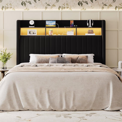 Full Size Platform Bed Frame / 2-Tier Storage Shelf/Velvet Wingback Upholstered Headboard/Led Lights and Charging Station/No Box Spring Needed/Noise-Free/Easy Assembly/Black3