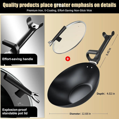 Carbon Steel Wok Pan, Non-Stick Sauté Pan Nitriding Process,13 Inch Woks & Stir-Fry Pans Nonstick with Ergonomic Handle, Cookware, Pots and Pans,Versatile Bottom Chinese Woks for All Stoves2