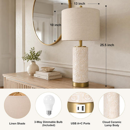 25.5" Boho Ceramic Table Lamps Set of 2 with 3-Way Dimmable Bulb | Modern Table Lamp with USB A+C Ports, Rotary Switch, Bedside Lamp with Linen Shade, for Bedroom Living Room (Bulb Included)2