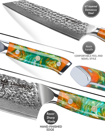 8.5" Kiritsuke Knife - Professional Kitchen Chef Knife - Hammered Damascus Steel & Resin Handle - YAO Series3