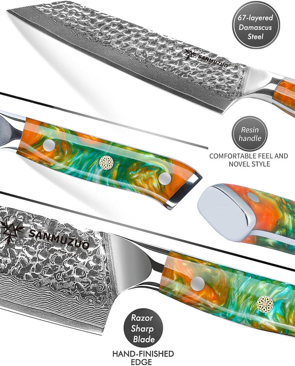 8.5" Kiritsuke Knife - Professional Kitchen Chef Knife - Hammered Damascus Steel & Resin Handle - YAO Series3