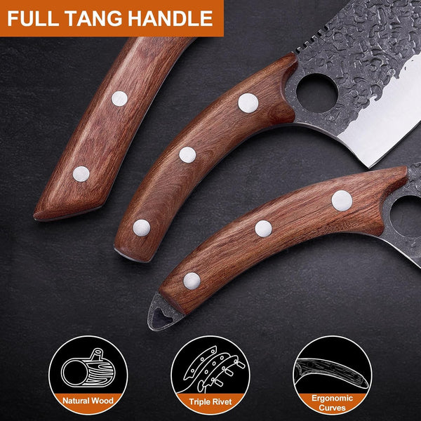3PCS Hand Forged Butcher Knife Set Meat Cleavers, Serbian Chef Knife Viking Boning Knife High Carbon Steel Kitchen Knife for Meat Cutting, Outdoor BBQ Vegetable Camping, Gift for Men6